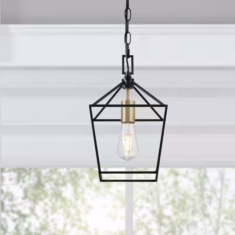 Home Decorators Collection Weyburn 1-Light Black and Gold Farmhouse Mini Pendant Light Fixture with Caged Metal Shade