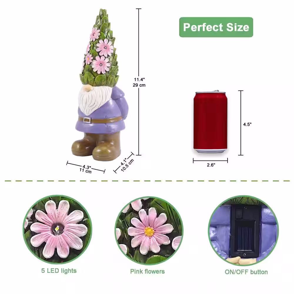 None Solar Garden Gnome Statue- Standing Gnome with Glowing Flowers and 5 LED Lights, Summer Dwarf Garden Decorations