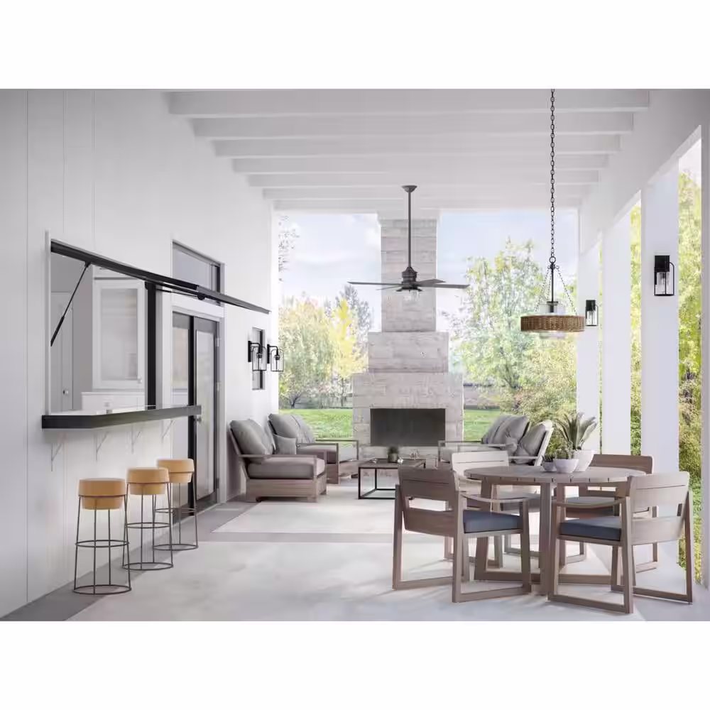 Progress Lighting Pembroke Collection 1-Light 18.5 in. Matte Black Outdoor Pendant with Mocha Rattan Accents and Seeded Glass Shade
