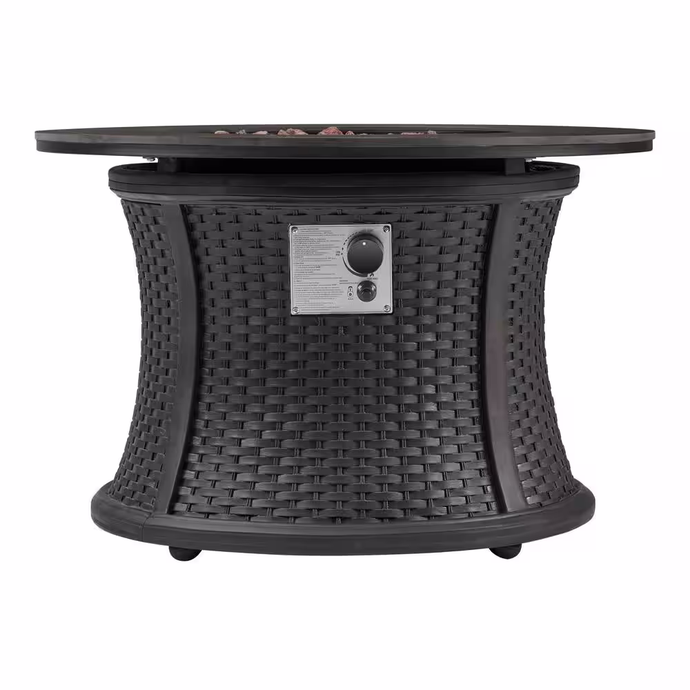Hampton Bay 35.2 in. W x 24 in. H Round Wicker Finish Fire Table with Sintered Stone Tabletop