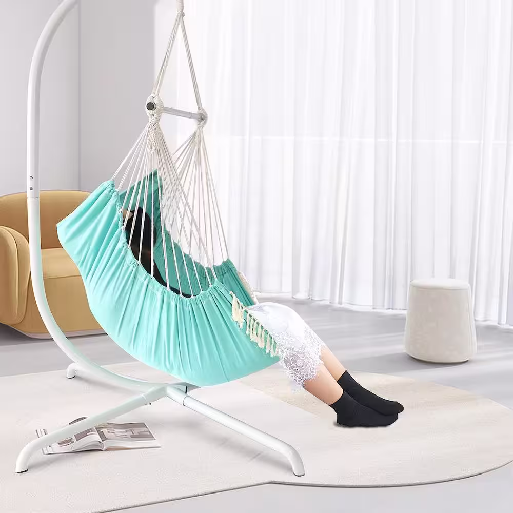 None Hammock Chair Hanging Seat 2-Pillows Included, Durable Stainless Steel Spreader Bar Portable Hanging Chair, Ice Blue