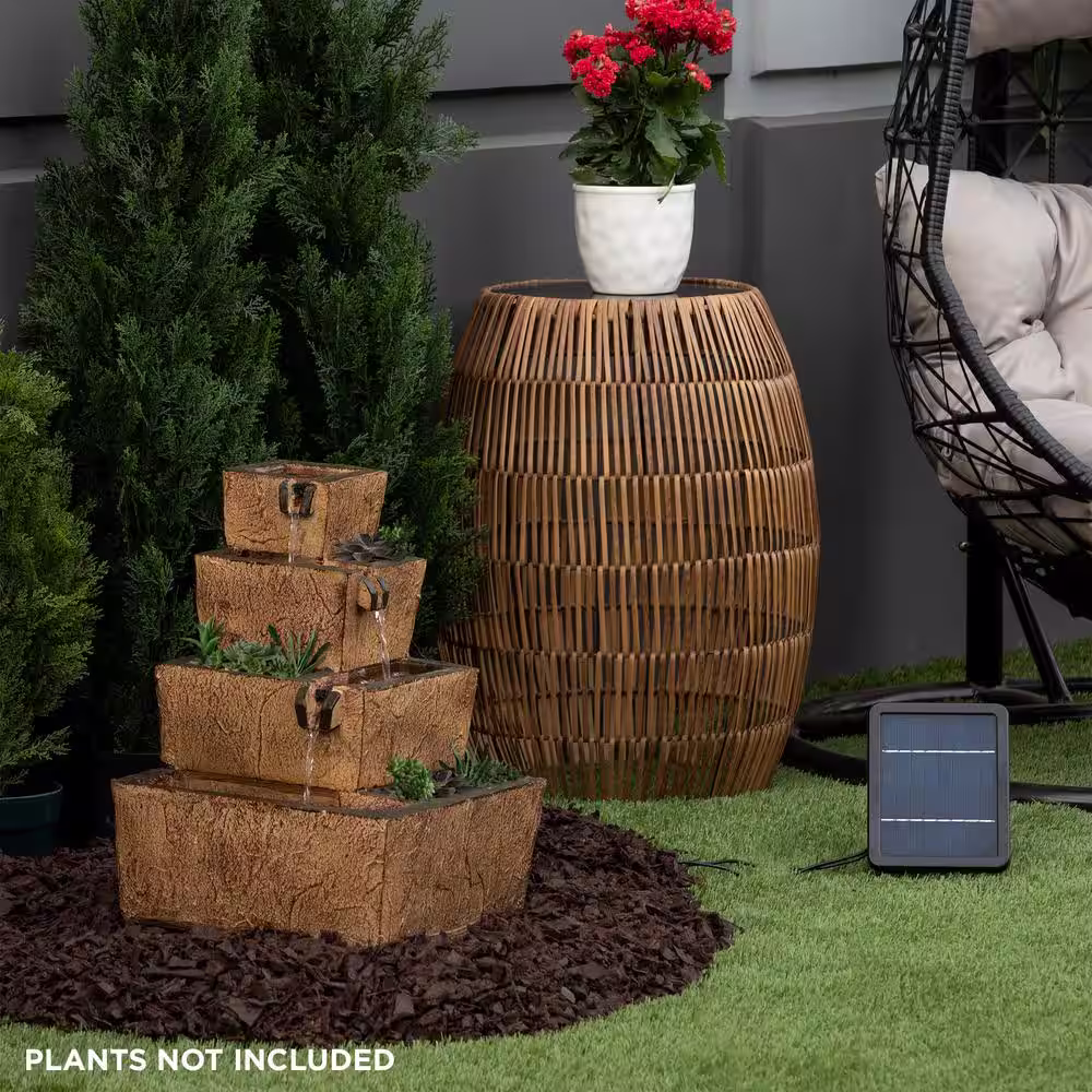 Alpine Corporation 17 in. Tall Solar Rustic Tiered Fountain Yard Decoration with LED Lights