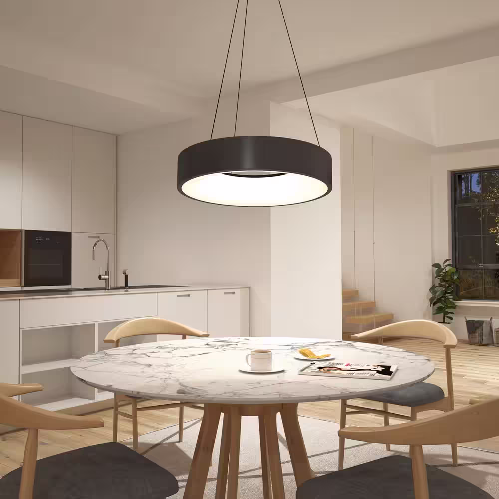 Artika Aiden Drum 31-Watt 1 Light Black Modern 5 CCT Integrated LED Pendant Light Fixture for Dining Room or Kitchen