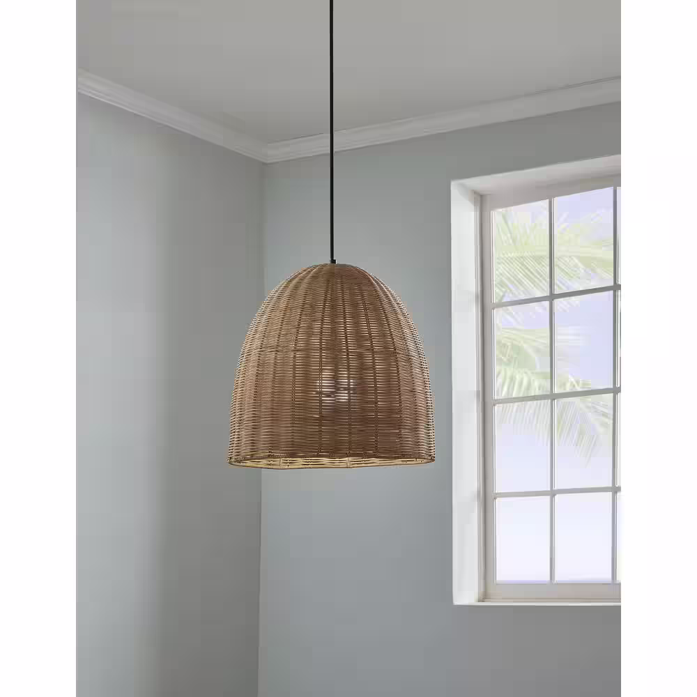 Hampton Bay Highler 1-Light Matte Black Island Pendant with Natural Rattan Shade