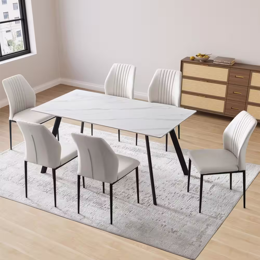 GOJANE 7-Piece White Slate Stone Dining Table Set with Rectangular Table and 6 Beige Dining Chairs