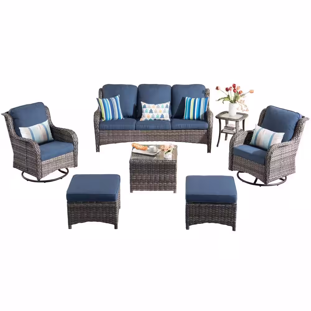 XIZZI Moonlight Gray 7-Piece Wicker Patio Conversation Seating Sofa Set with Denim Blue Cushions and Swivel Rocking Chairs