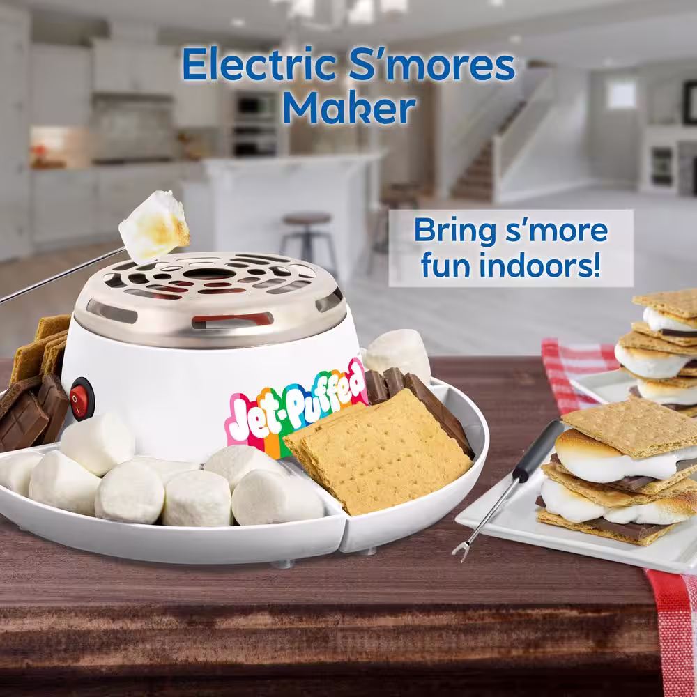 Nostalgia Electric White Tabletop Indoor S'mores Maker, with 4 Compartment Trays and 2 Forks