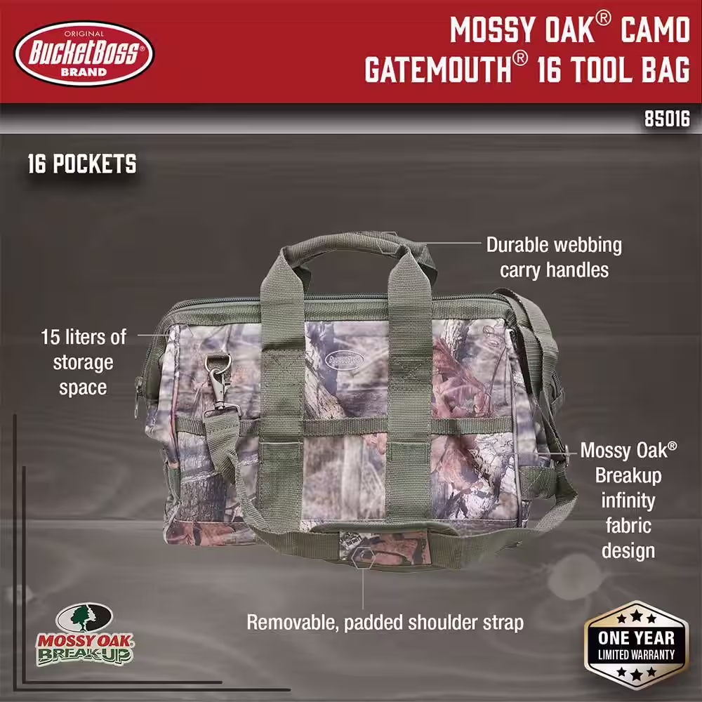 BUCKET BOSS Mossy Oak Breakup Camo Gatemouth 16 in. Tool Bag with 16 Pockets