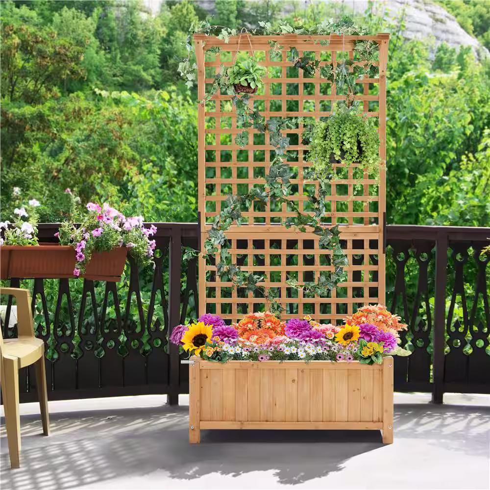 None 72 in. H Wood Planter Raised Bed with Trellis for Vine Climbing Plants and Vegetable Flower, Light Brown