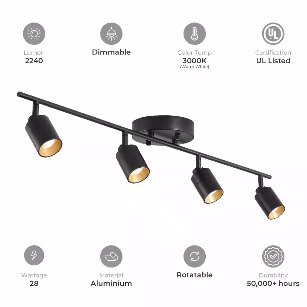 Vidalite Modern 3 ft. 4 Spot-Light, Black Integrated LED, Fixed Track Lighting Kit with Rotating Heads