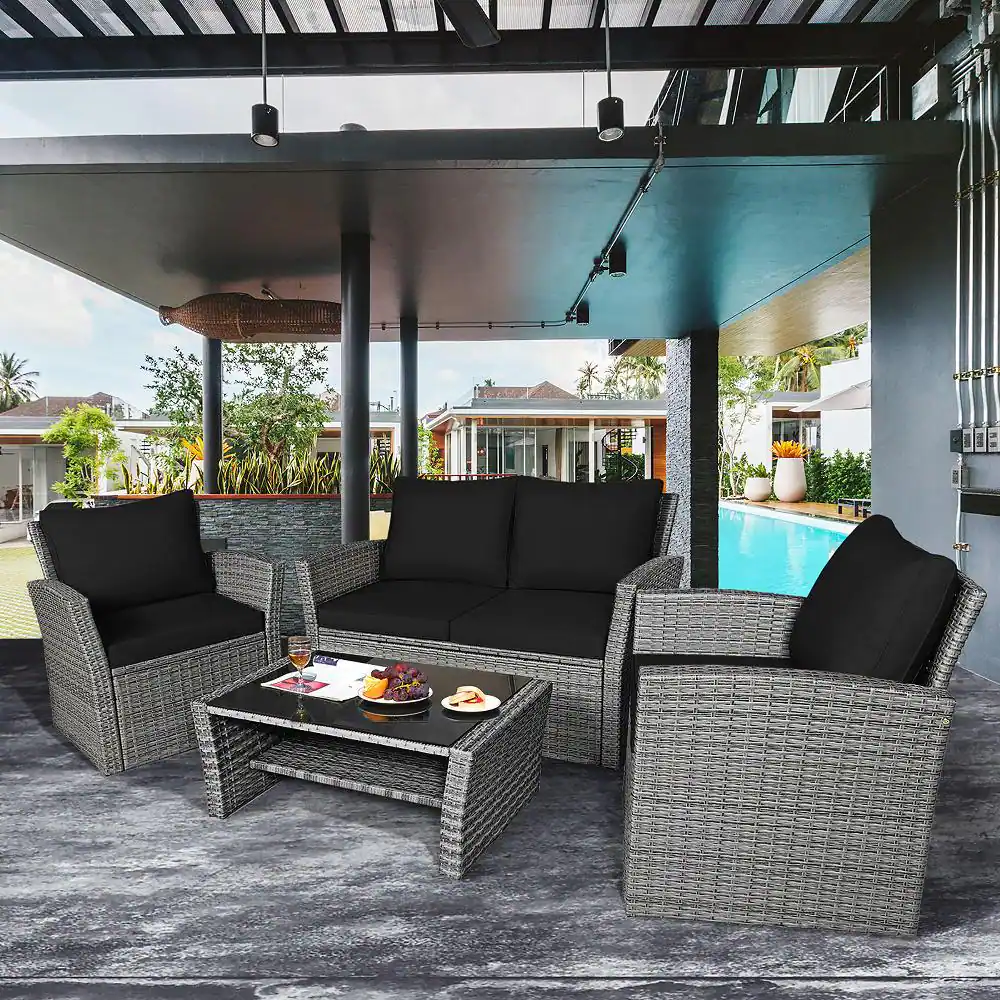 Costway 4-Piece Wicker Patio Conversation Set with Black Cushions