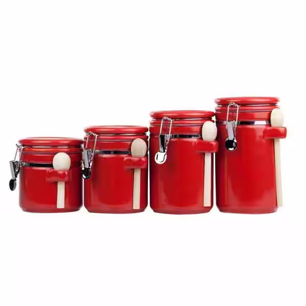 Home Basics 4 Piece Ceramic Canister Set with Wooden Spoons, Red