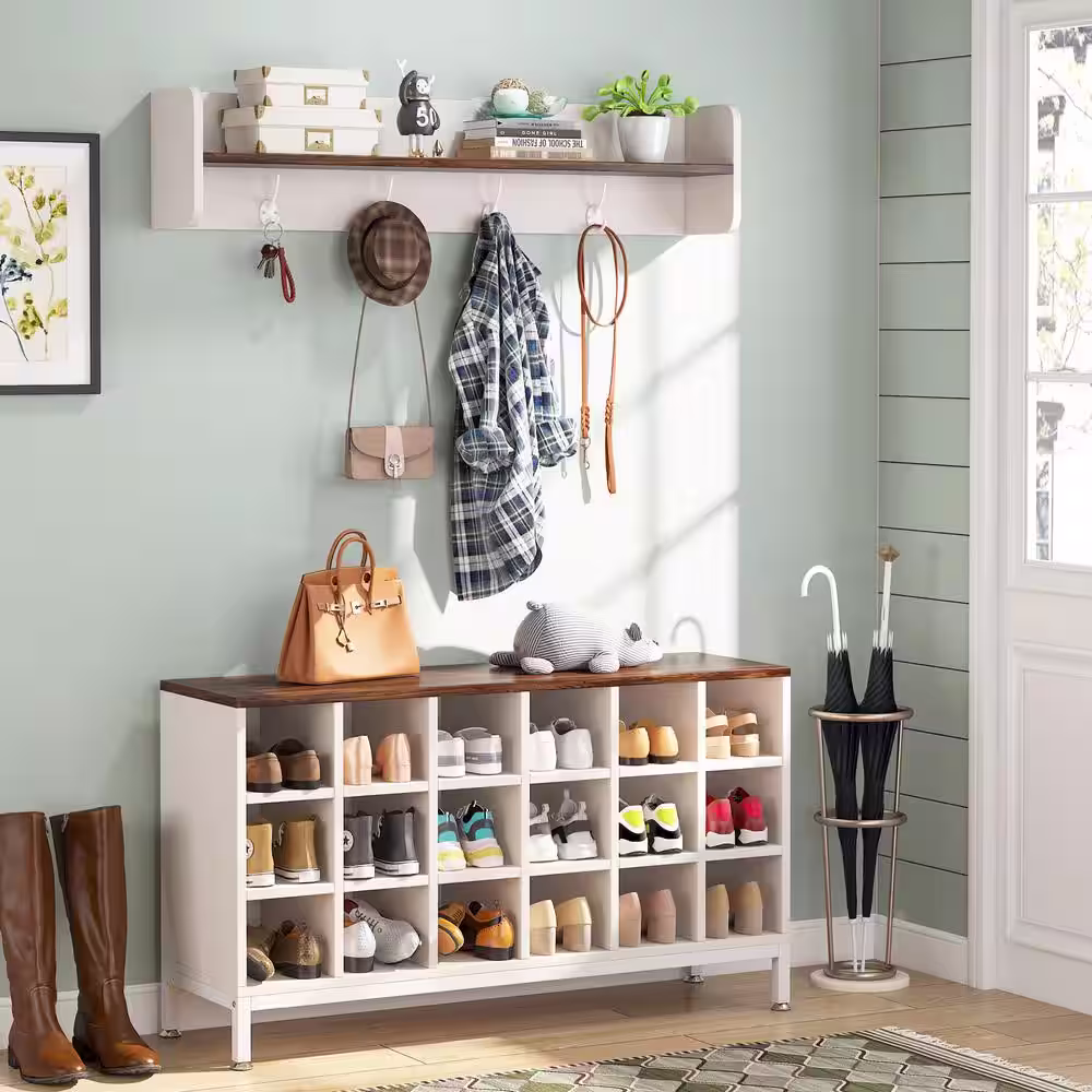 BYBLIGHT Carmalita Rustic Brown Hall Tree with Shoe Storage and Coat Rack, Shoe Organizer with Wall Mounted Shelf and Hooks