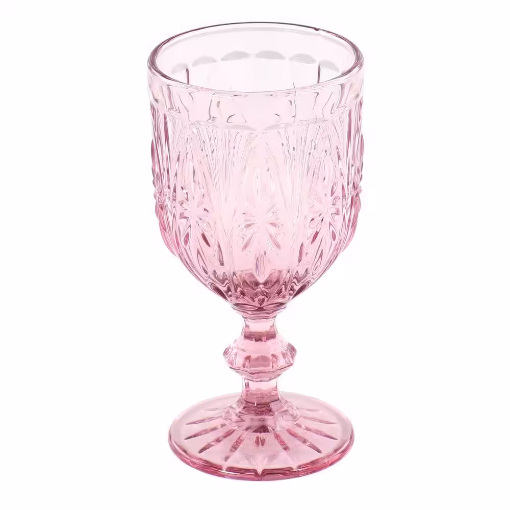 None 6-Piece 10.8 oz. Handmade Glass Embossed Goblet in Pink