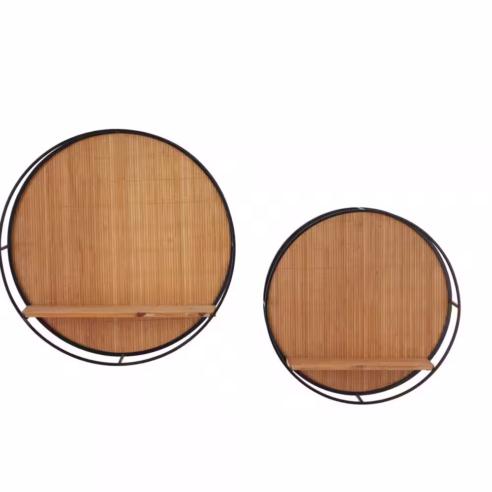 Litton Lane Brown Round 2 Shelves Bamboo Wall Shelf (Set of 2)