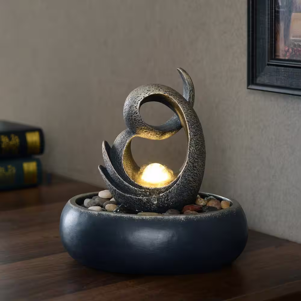 None 8.86 in. Tall Indoor/Outdoor Abstract Bowl Tabletop Fountain with LED Light in Black