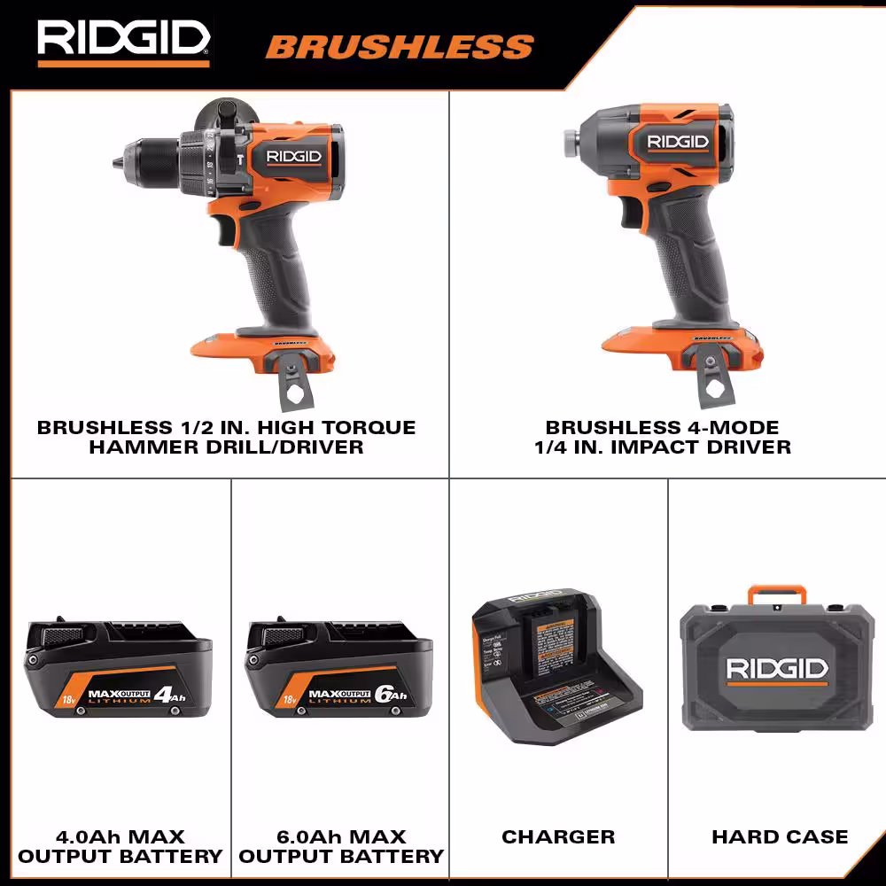 RIDGID 18V Brushless Cordless 2-Tool Combo Kit with 6.0Ah & 4.0Ah MAX Output Batteries, Charger, and 2.0 Ah Battery