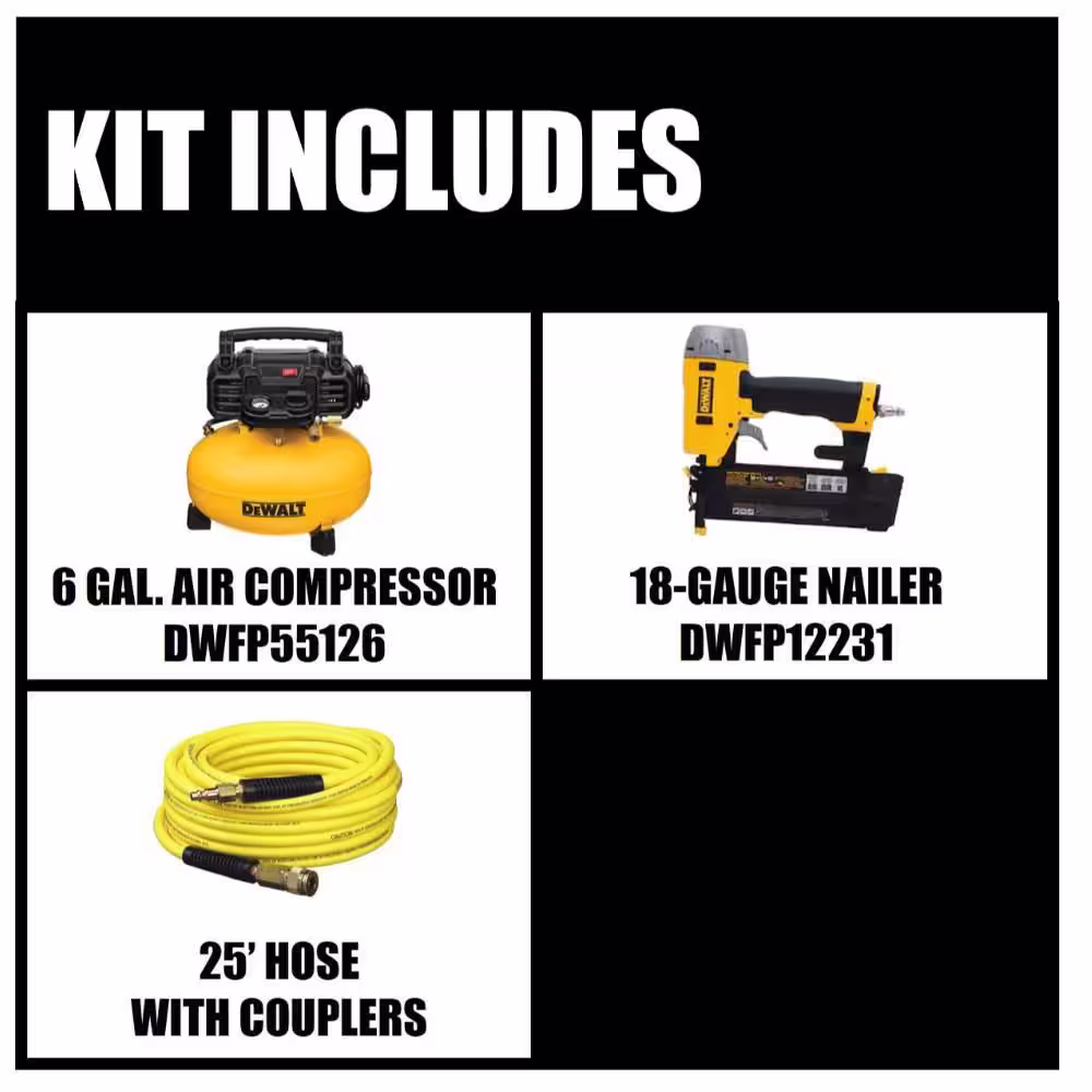 DEWALT 6 Gal. 165 PSI Electric Pancake Air Compressor with 18-Gauge Pneumatic 2 in. Brad Nailer & 50 ft. x 1/4 in. Air Hose