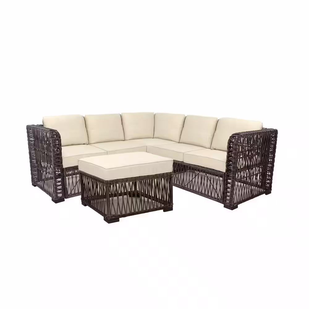 Hampton Bay Grand Isle 4-Piece Wicker Outdoor Patio Sectional Seating Set with Beige Cushions