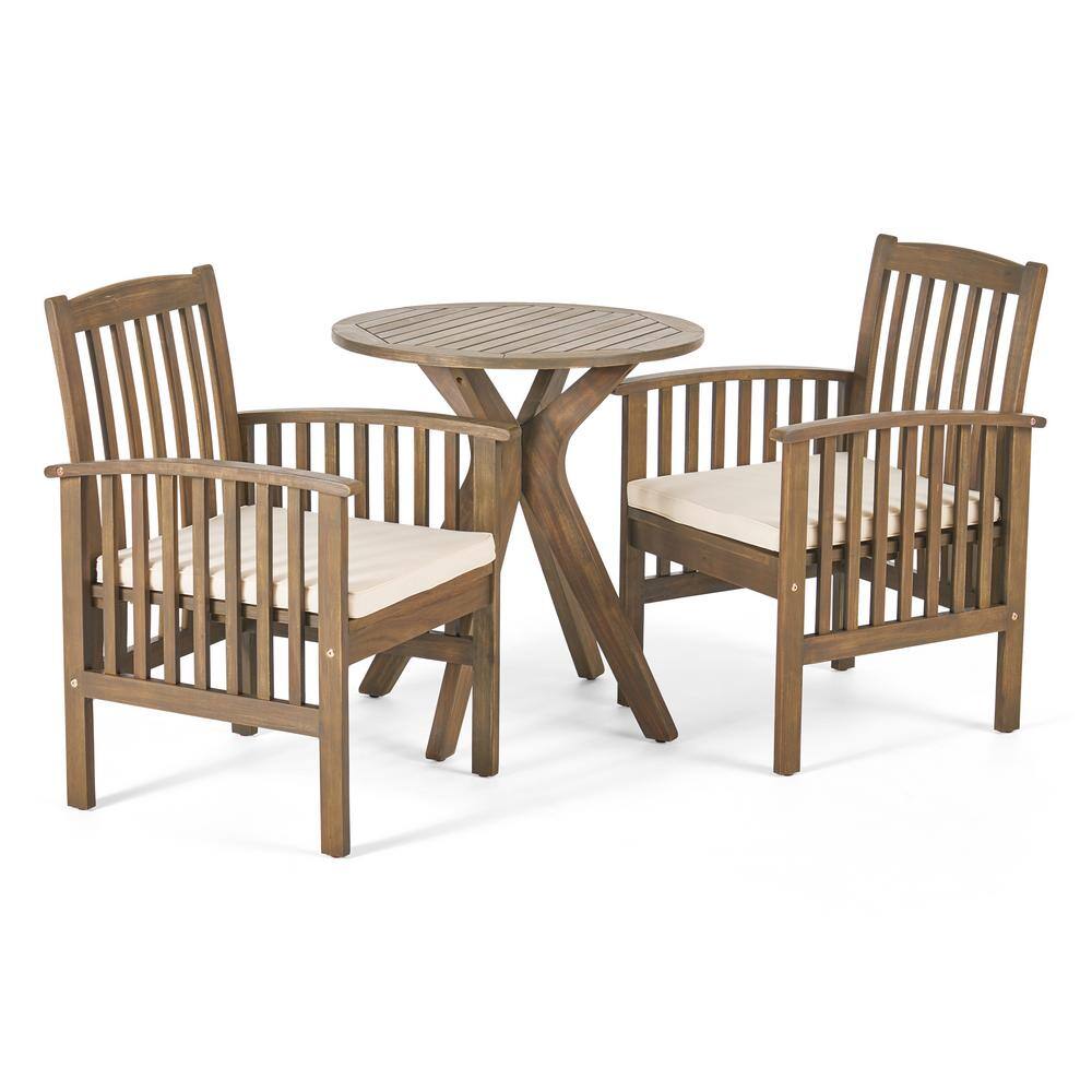 Noble House Casa 30 in. Grey 3-Piece Wood Round Outdoor Bistro Set with Cream Cushions