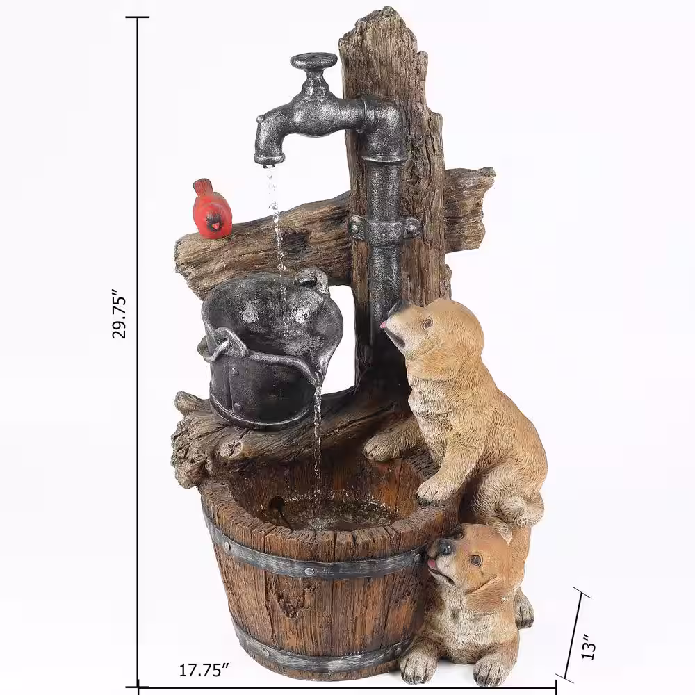 LuxenHome Resin Puppies and Water Pump Outdoor Patio Cascade Fountain with LED Light
