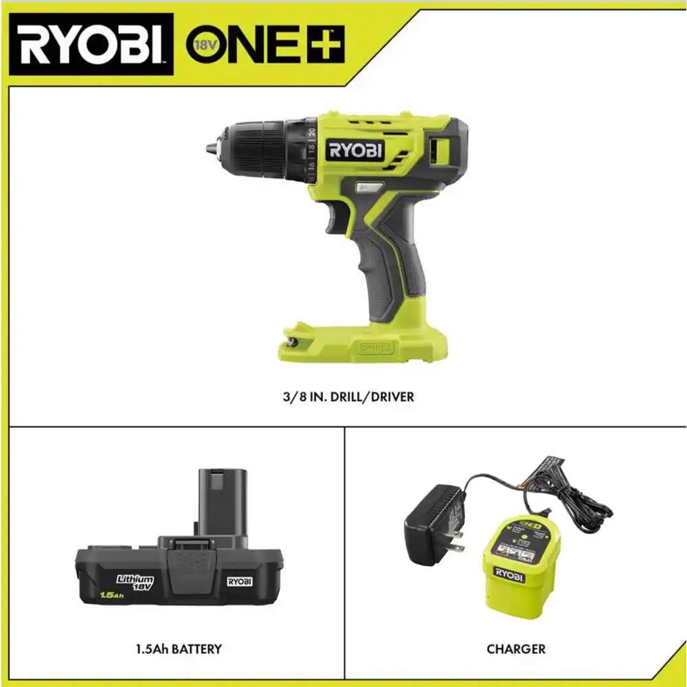 RYOBI ONE+ 18V Cordless 3/8 in. Drill/Driver Kit with 1.5 Ah Battery, Charger, and Drill and Impact Drive Kit (40-Piece)