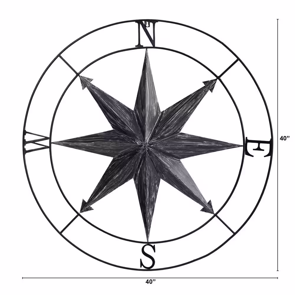 Nearly Natural 40 in. Washed Nautical Black Metal Compass Wall Art Decor