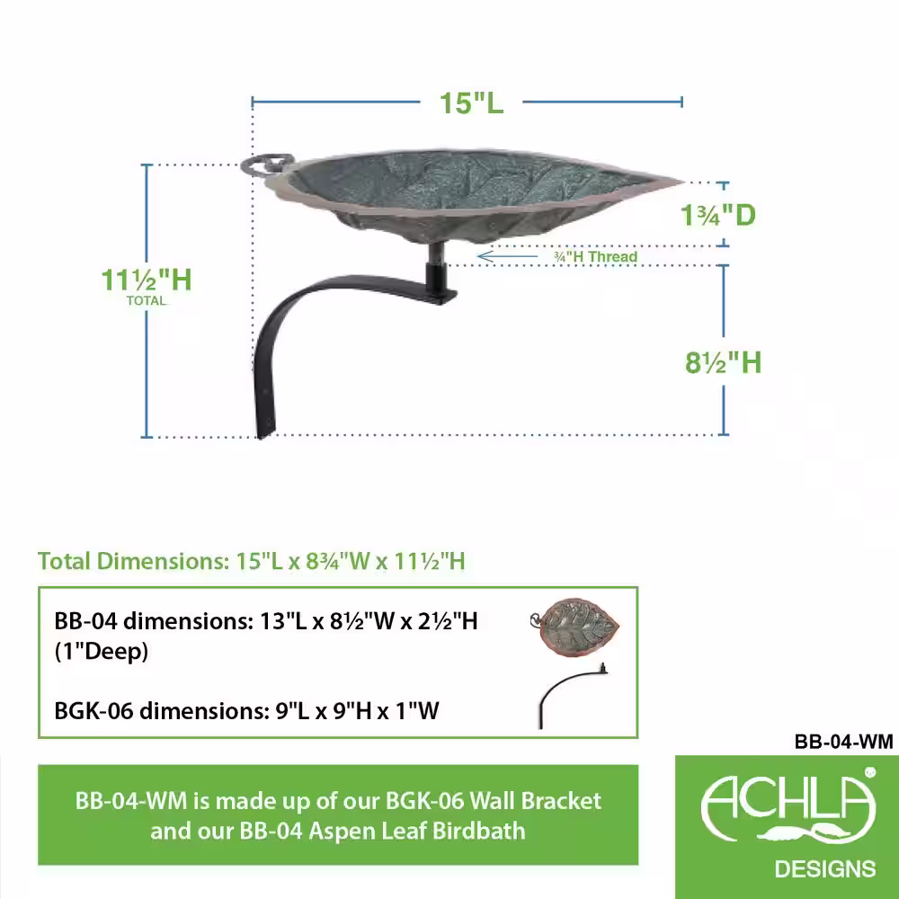 Achla Designs 15 in. L Antique Brass Plated Aspen Leaf Birdbath with Wall Mount Bracket