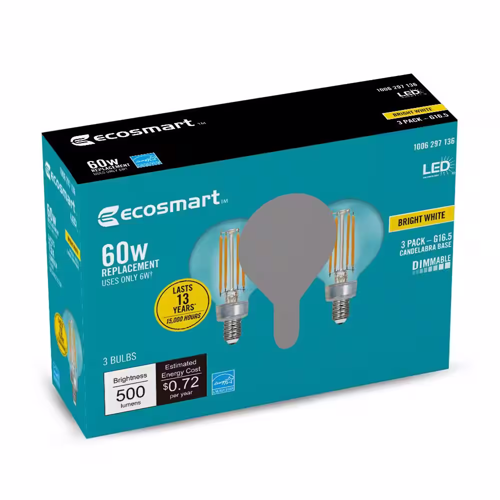 EcoSmart 60-Watt Equivalent G16.5 Dimmable ENERGY STAR CEC Filament LED Light Bulb Bright White (3-Pack)