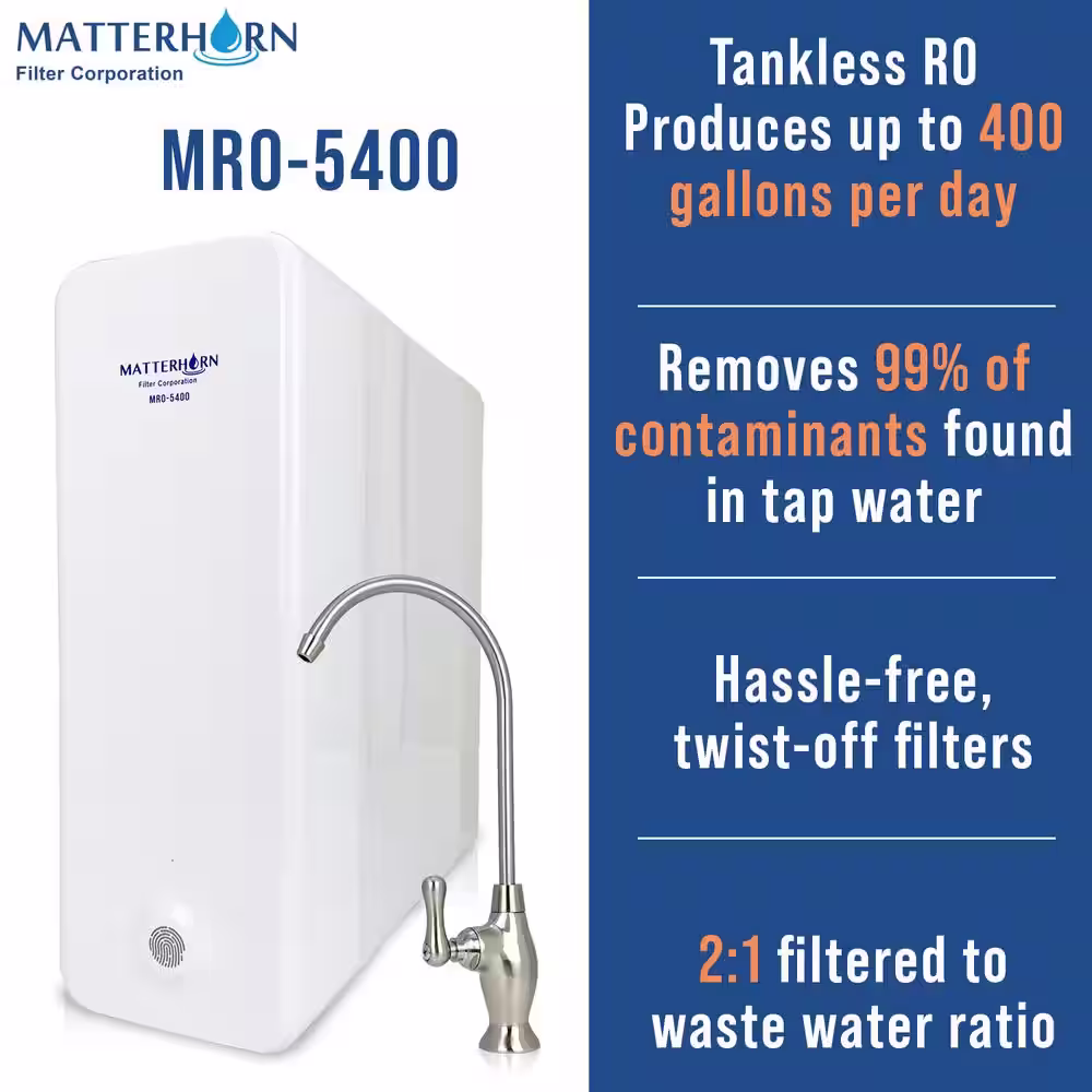 Matterhorn Tankless Reverse Osmosis Water Filtration System 400 GPD 2:1 Pure to Drain Ratio