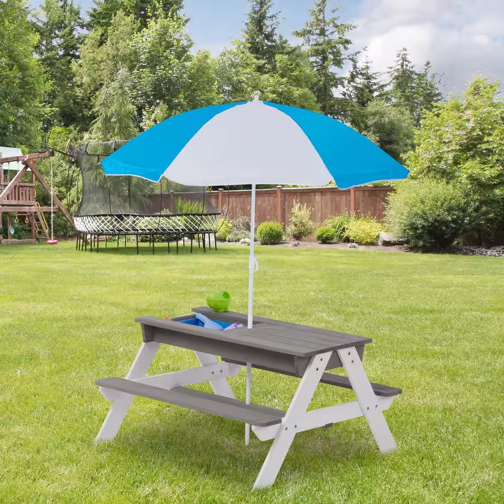 Tunearary Wooden Camping Picnic Table Outdoor Bench Set With Umbrella Sand Table Kids Play Box's
