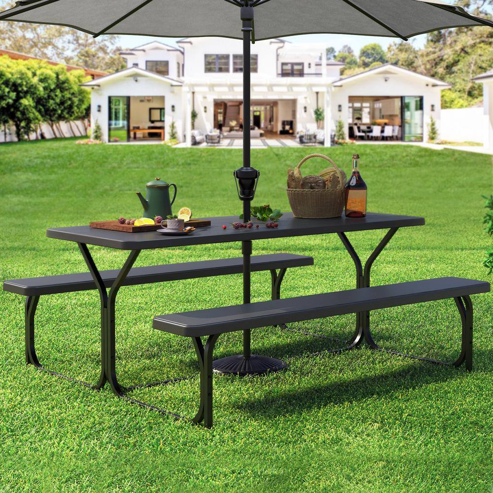 DEXTRUS 6 ft. Black Outdoor Picnic Table and Bench with Umbrella Hole