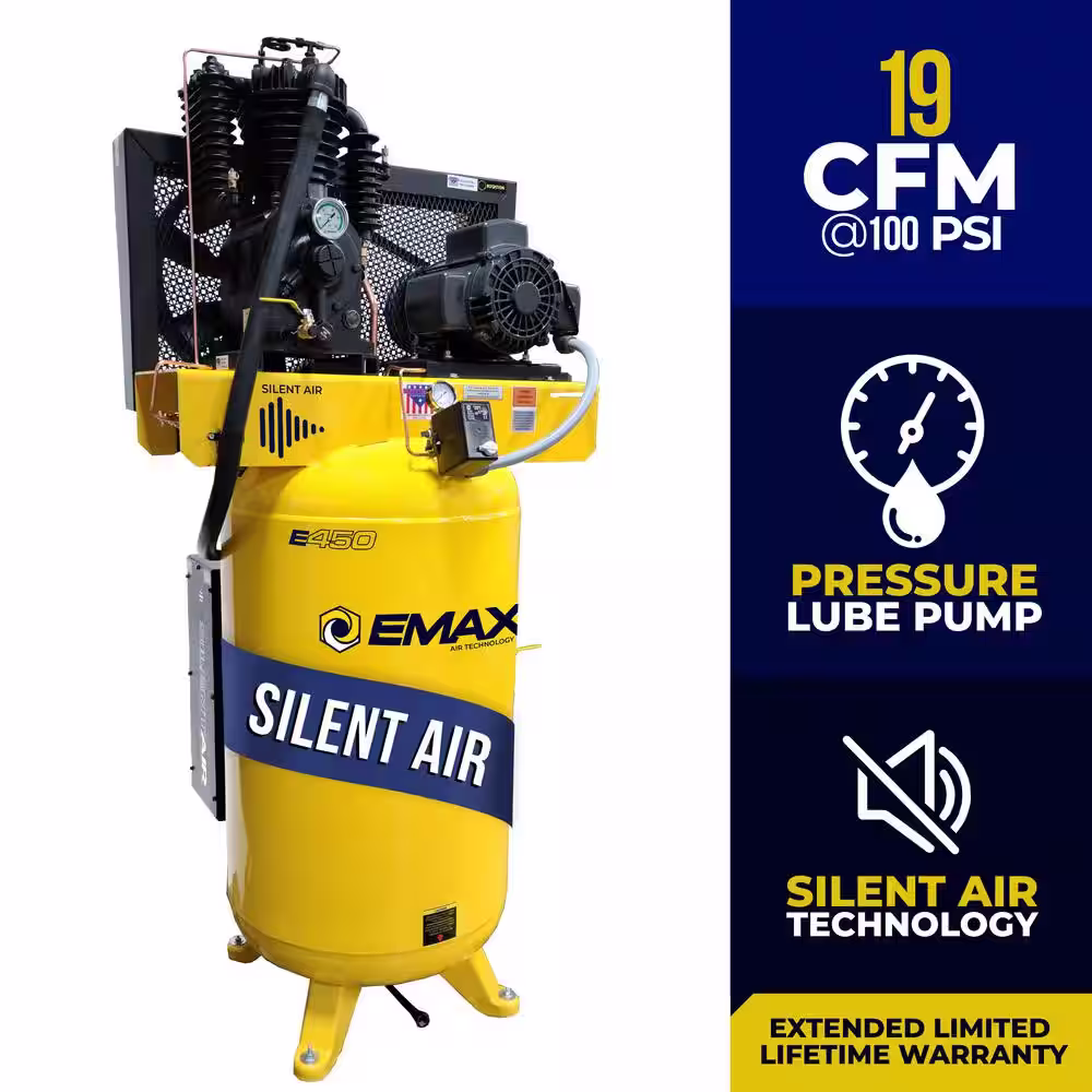 EMAX Industrial PLUS 80 Gal. 5 HP 1-Phase Silent Air Electric Air Compressor with pressure lubricated pump