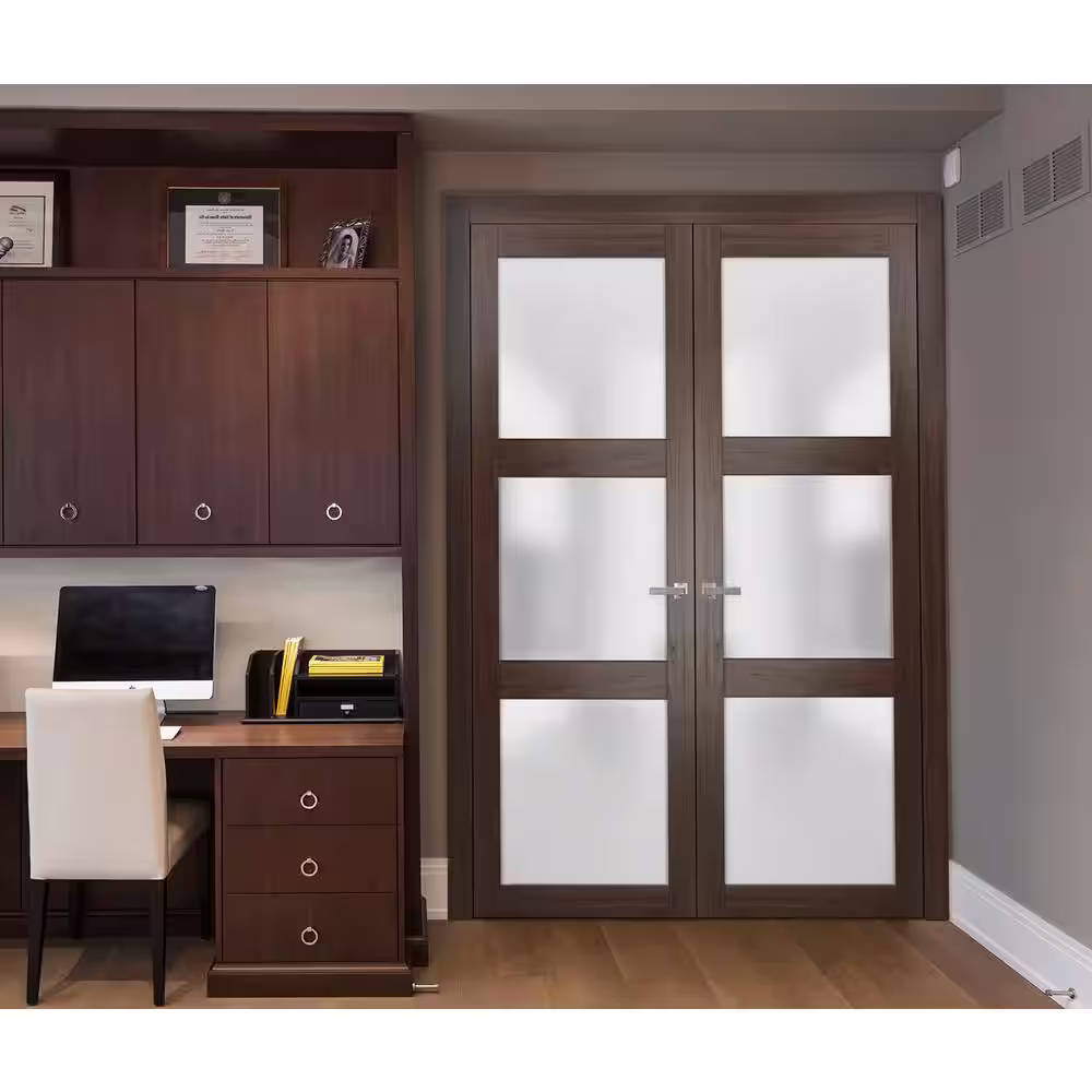 Sartodoors 2552 60 in. x 80 in. Universal Hanling 3-Lite Frosted Glass Solid Brown Finished Pine Wood Interior Door Slab