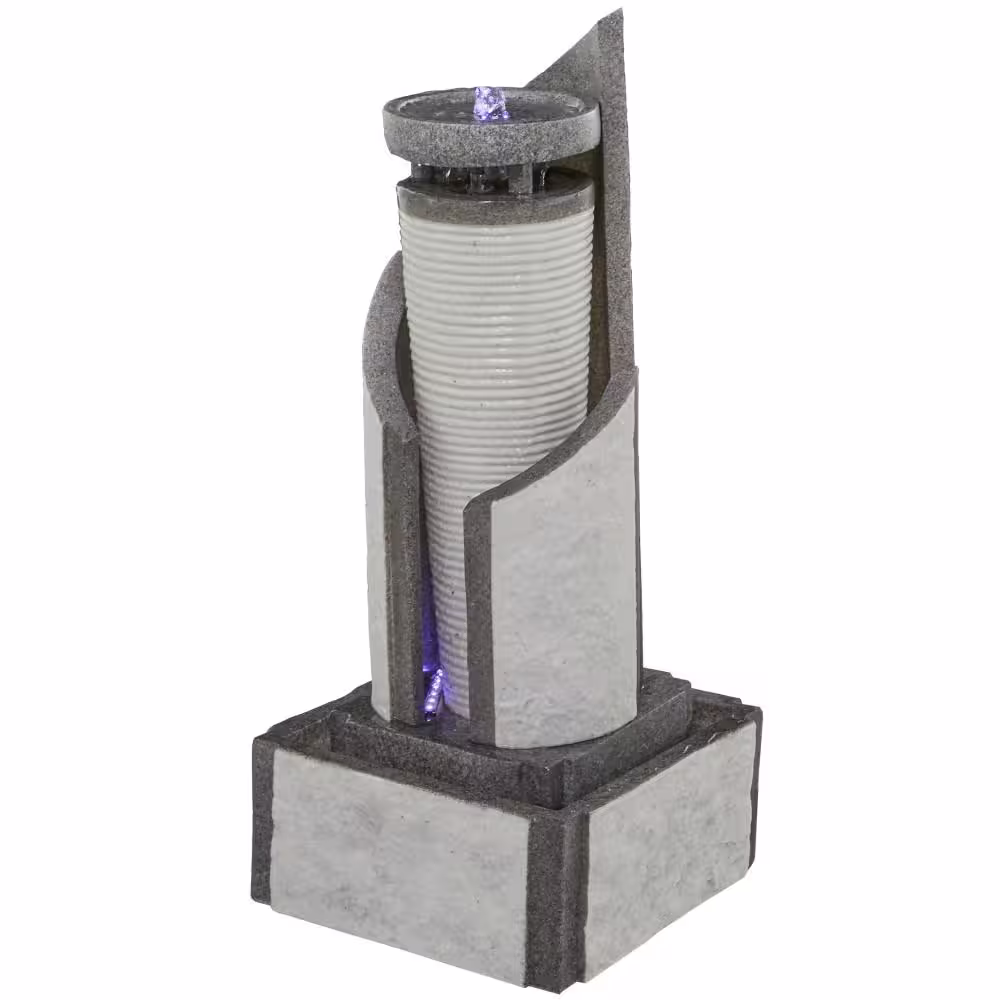 Litton Lane Light Gray Indoor and Outdoor 2-Tier Geometric Waterfall Fountain with LED Light