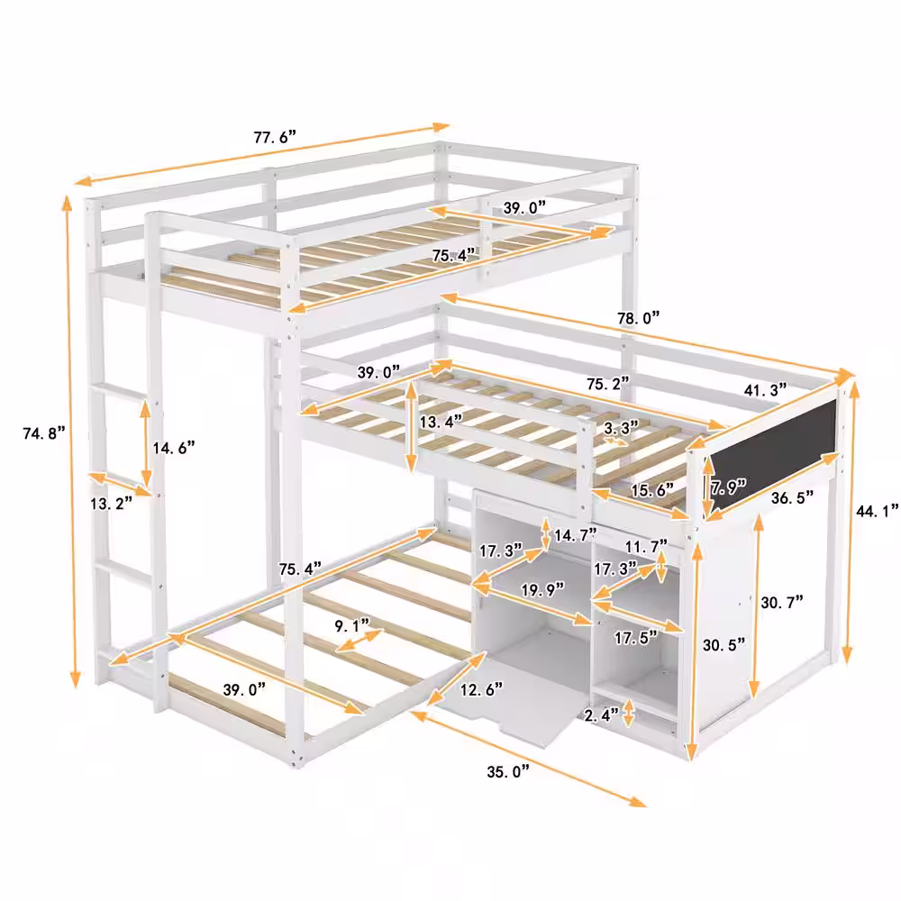 Harper & Bright Designs White L-Shaped Wood Triple Twin Size Bunk Bed with Blackboard, 4-Storage Cabinets and Ladder