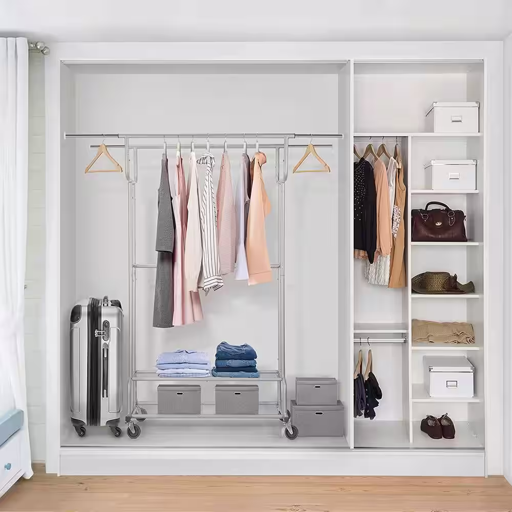 None White Metal Garment Clothes Rack With Double Rod 38 in. W x 62 in. H