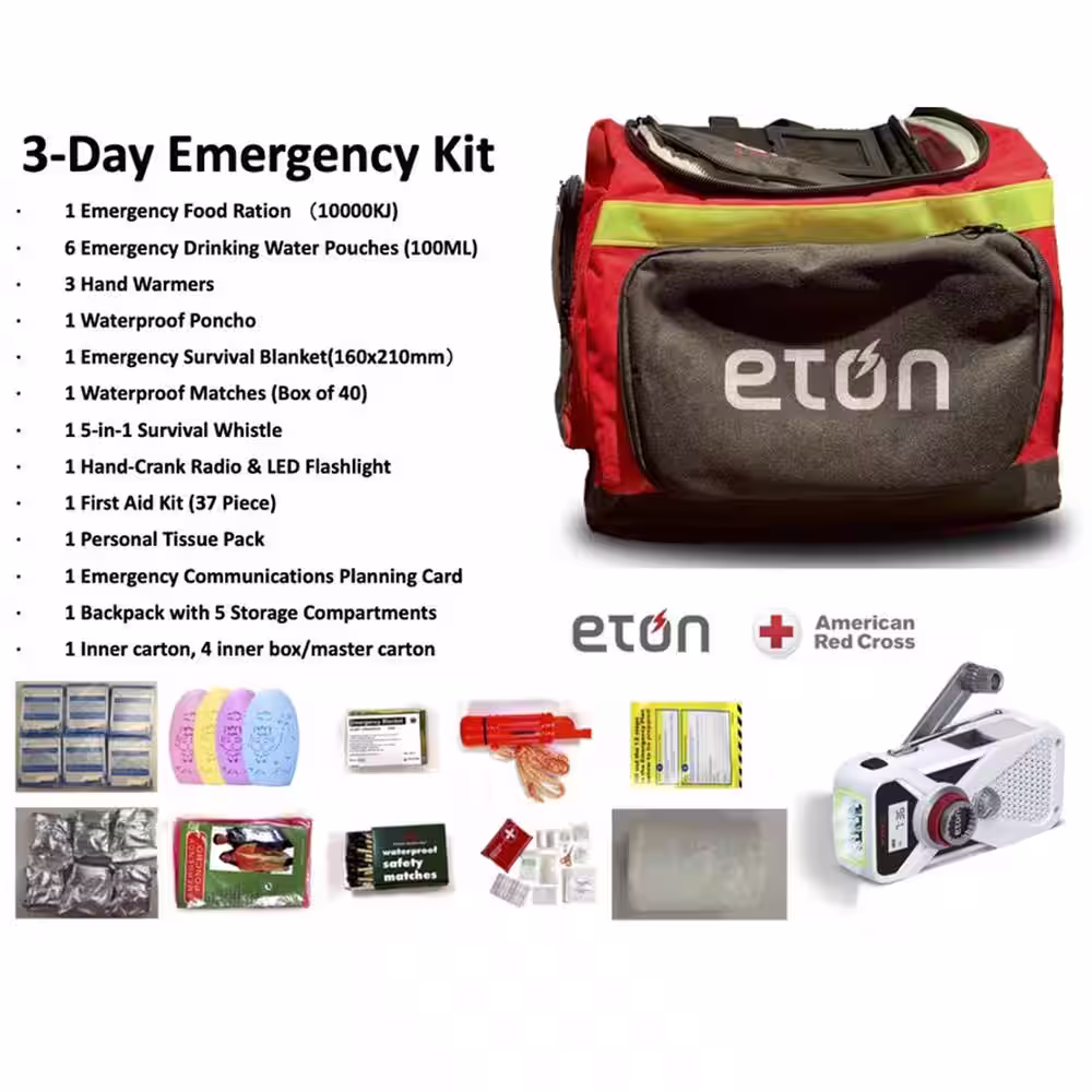 Eton 3-Day Backpack Emergency Kit w/Food, Water, American Red Cross Hand-Crank Radio w/LED Flashlight, First Aid Kit and More