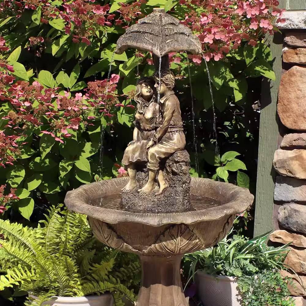 Sunnydaze Decor 43 in. Lovers Umbrella Solar with Battery Backup Outdoor Cascade Water Fountain with LED Lights (4-Pieces)