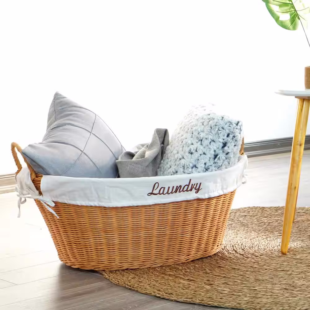 Vintiquewise Rattan Laundry Basket with Handles and White Cotton Removable Lining, Natural