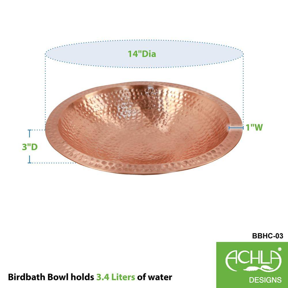 ACHLA DESIGNS 14 in. W Round Satin Hammered Solid Copper Birdbath Bowl with Rim, Garden Accent, Outdoor Accessory