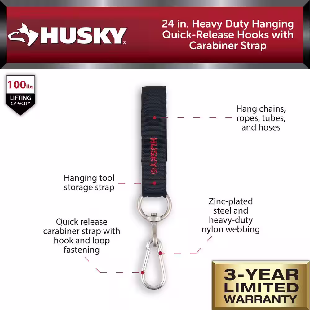 Husky 24 in. Heavy Duty Hanging Quick-Release Hooks with Carabiner Strap