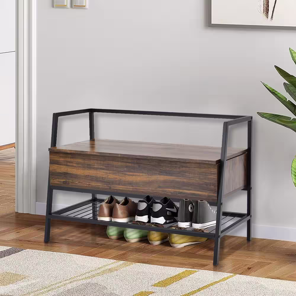 ANGELES HOME 24.5 in. H x 39.5 in. W Rustic Brown Wood Shoe Storage Bench with Storage Space and Metal Handrail