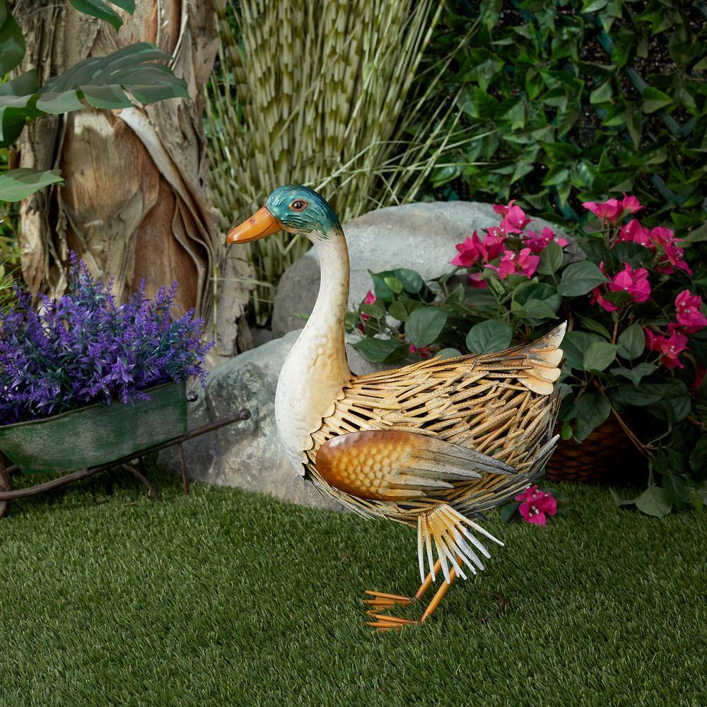 Alpine Corporation 20 in. H Indoor/Outdoor Metal Standing Duck Decorative Garden Statue, Gold/Green