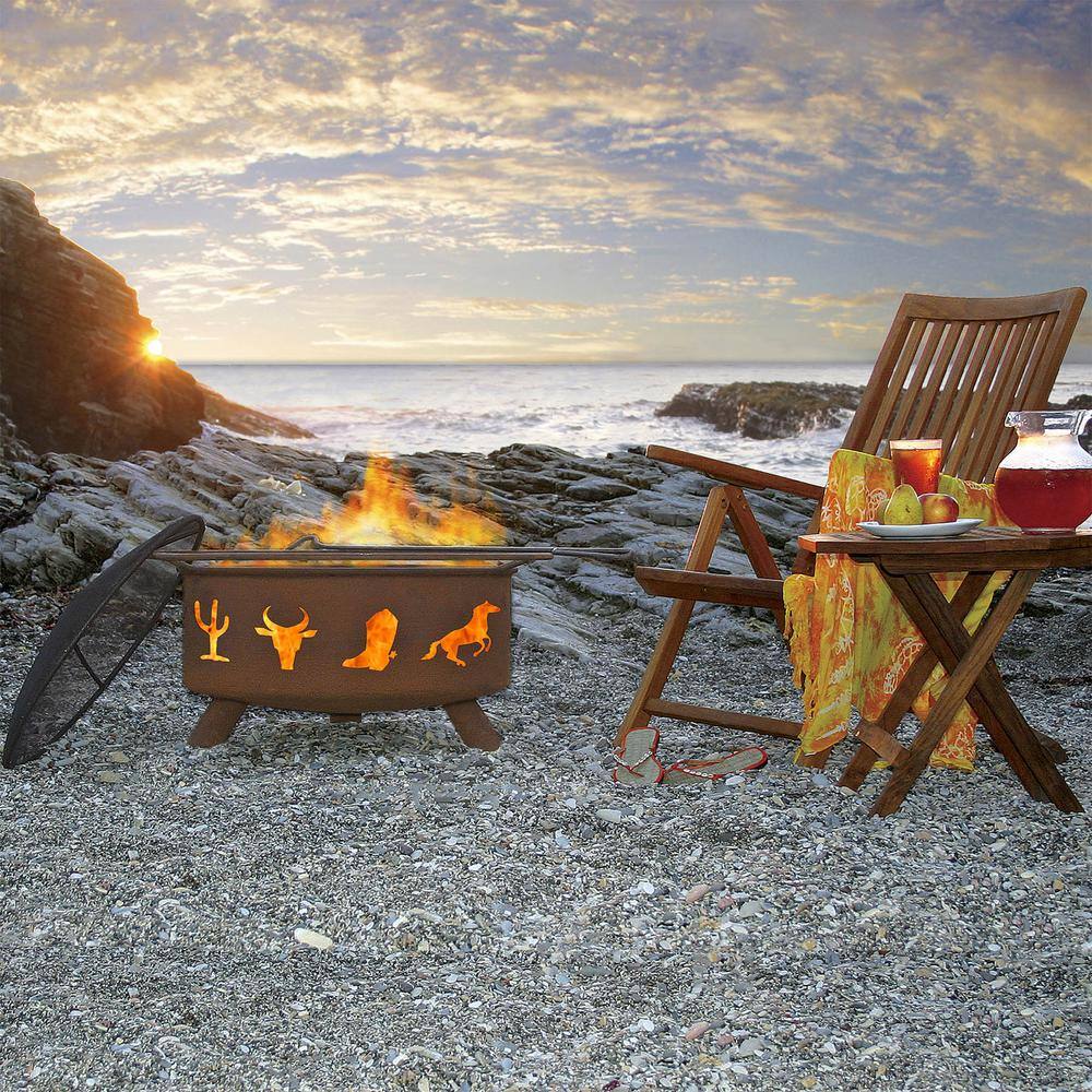 None Western Cowboy 29 in. x 18 in. Round Steel Wood Burning Fire Pit in Rust with Grill Poker Spark Screen and Cover