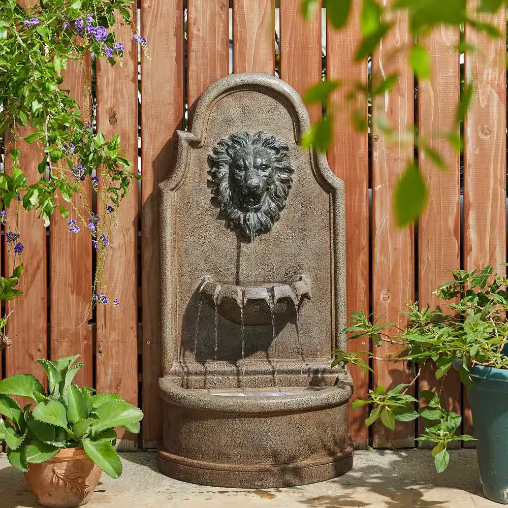 Glitzhome 31.75 in. H European Style 3-Tier Oversized Faux Granite Lion Head Polyresin Outdoor Fountain with Pump and LED Light
