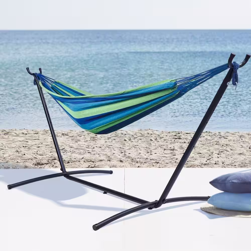 None 9.3 ft. Portable Double Classic Hammock in Blue Stripes with Stand and Carrying Pouch