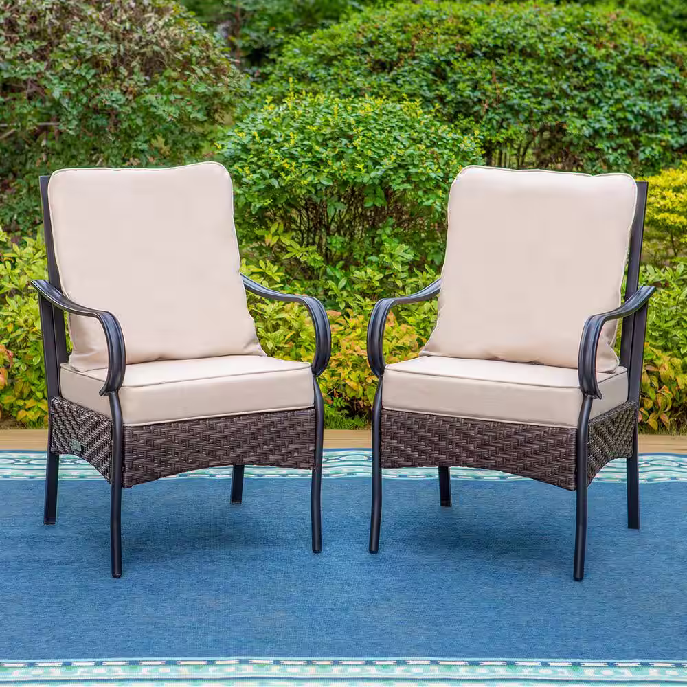 None 7-Piece Metal Patio Outdoor Dining Set with Black Rectangle Slat Table and chairs with Beige Cushions