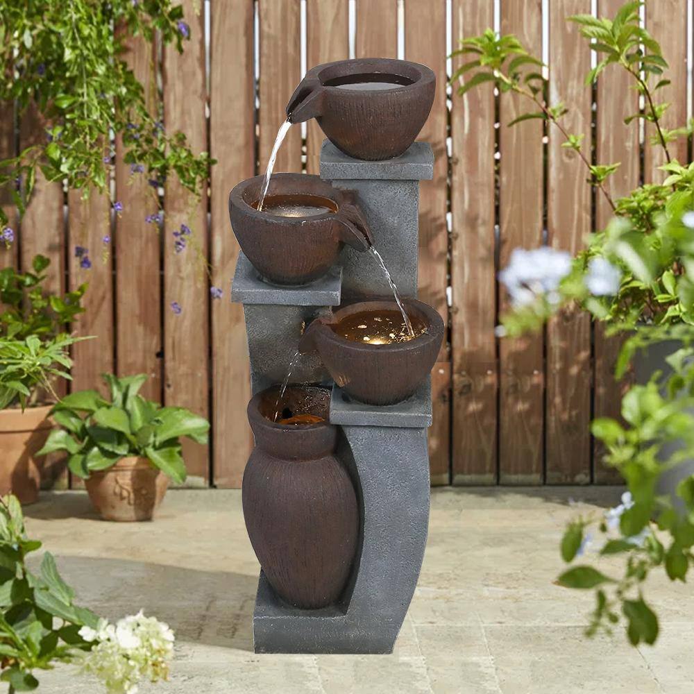 Watnature 32.8in. Resin Garden Fountain with LED Lights, 4-tiered Floor Standing Water Fountains for Garden, Patio, Indoor Outdoor