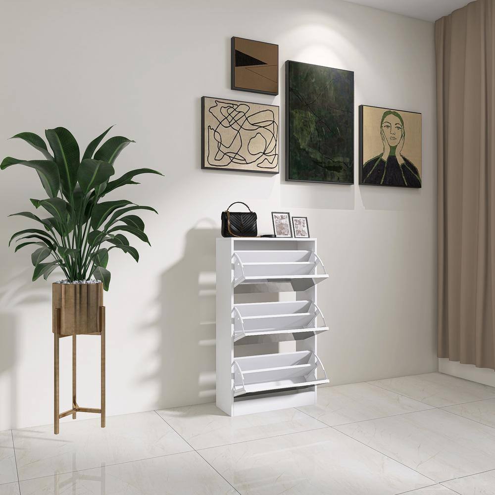 None 41.7 in. H x 23.6 in. W White Wood Narrow Shoe Storage Cabinet with Mirror Wood Slim Shoe Rack 3-Tier Shoe Organizer
